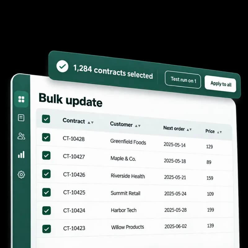 Bulk update screen with 1,284 contracts selected, offering a test run on one before applying to all