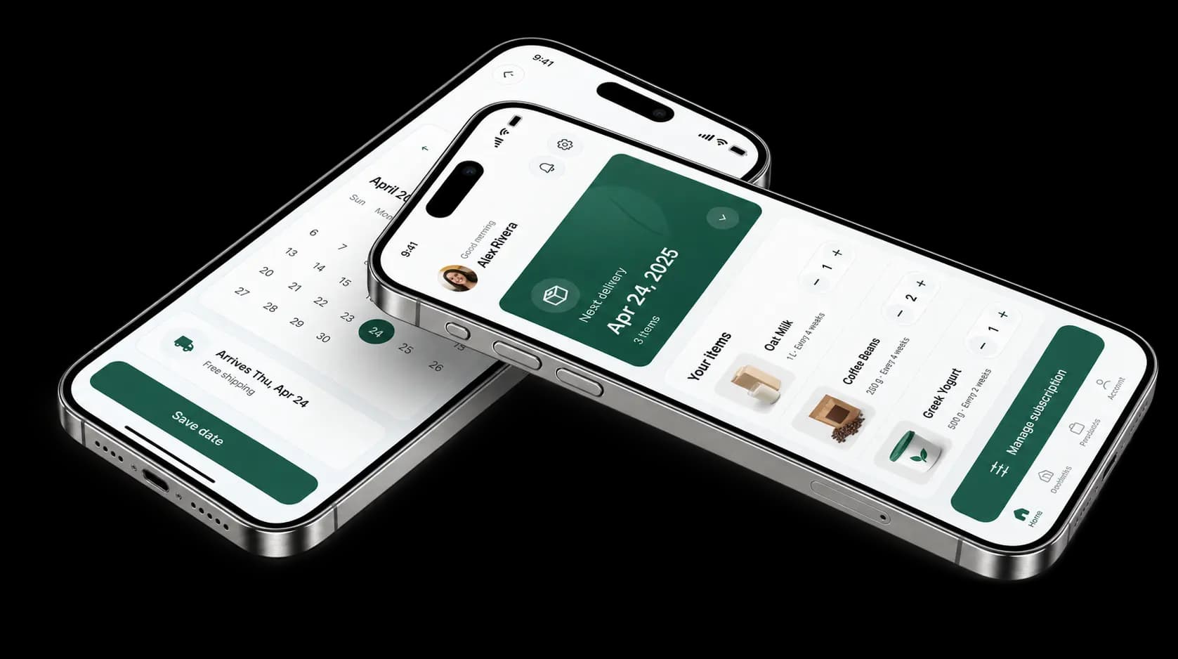 EverSubs customer portal on two phones showing next delivery and date picker