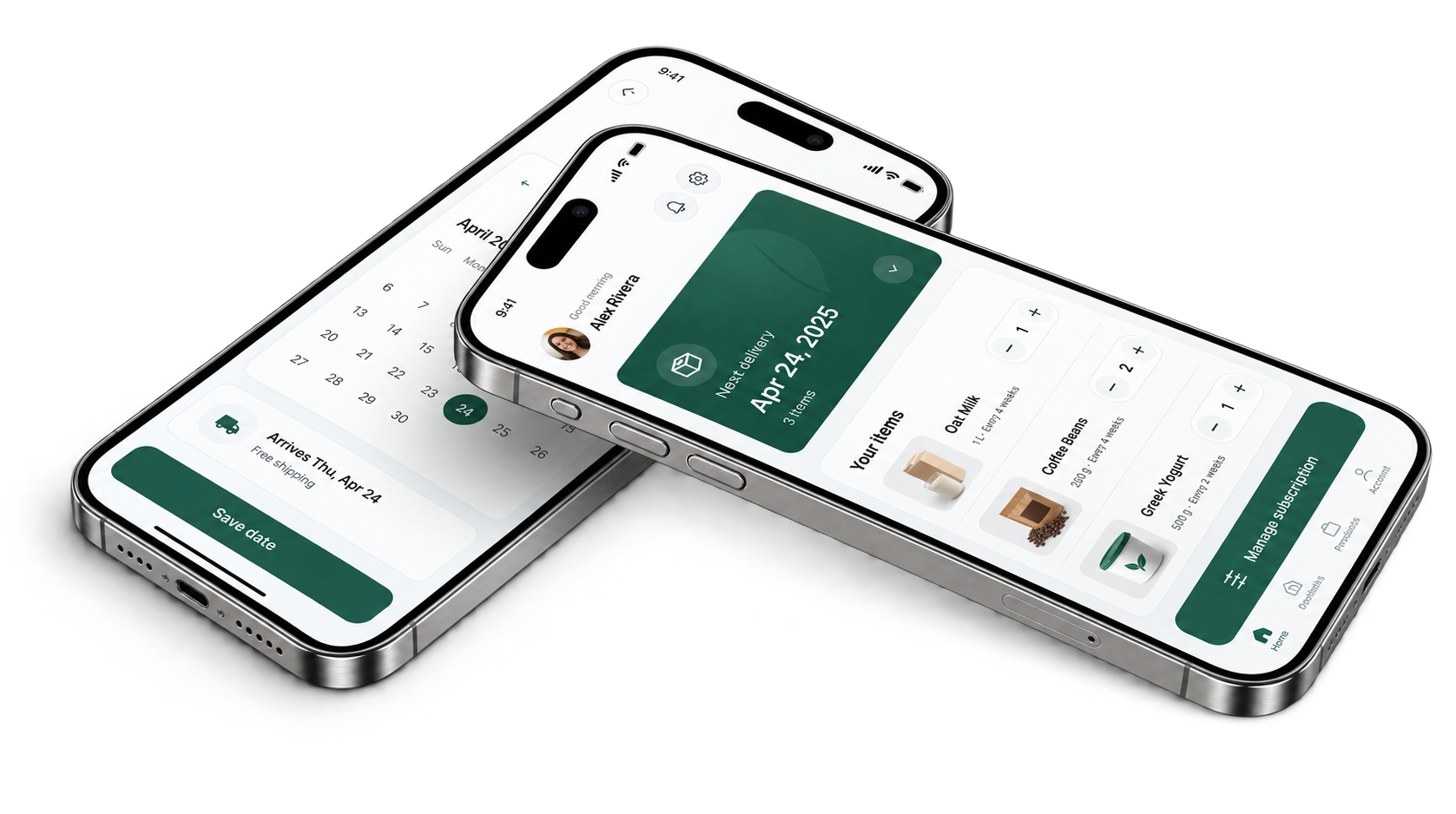 EverSubs customer portal on two phones — next delivery and date picker